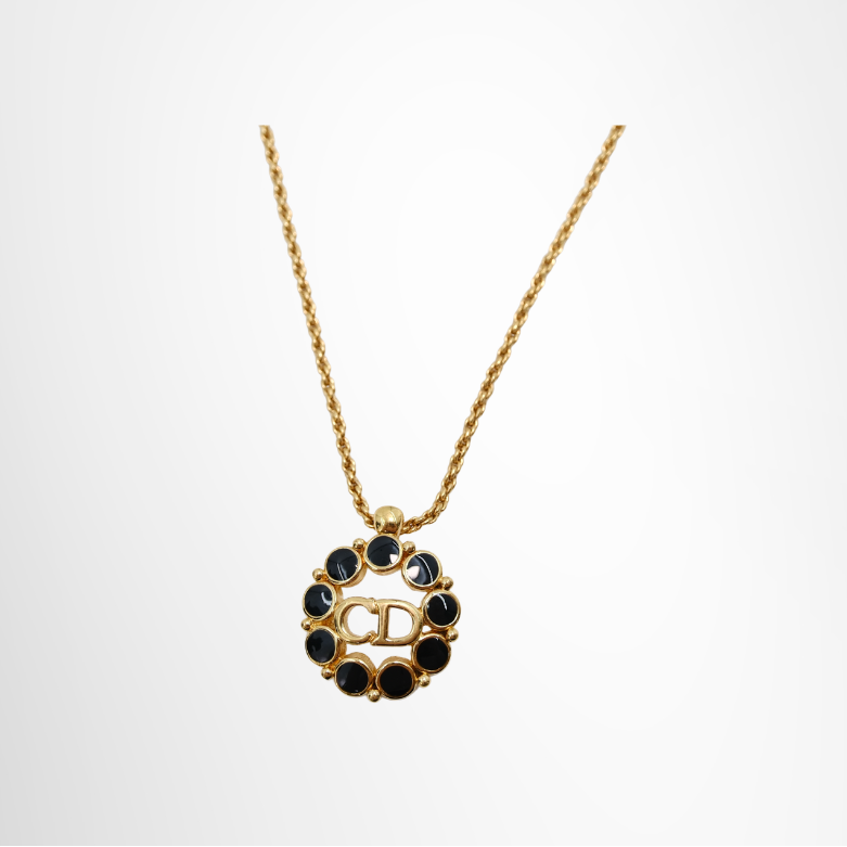 Dior Preowned Luxury Necklace CD Necklace with Black Crystals Front View