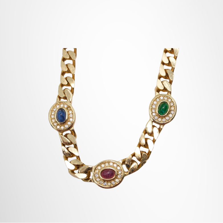 Dior Preowned Luxury Necklace Vintage Multi Colored Stone Chain Necklace Front View