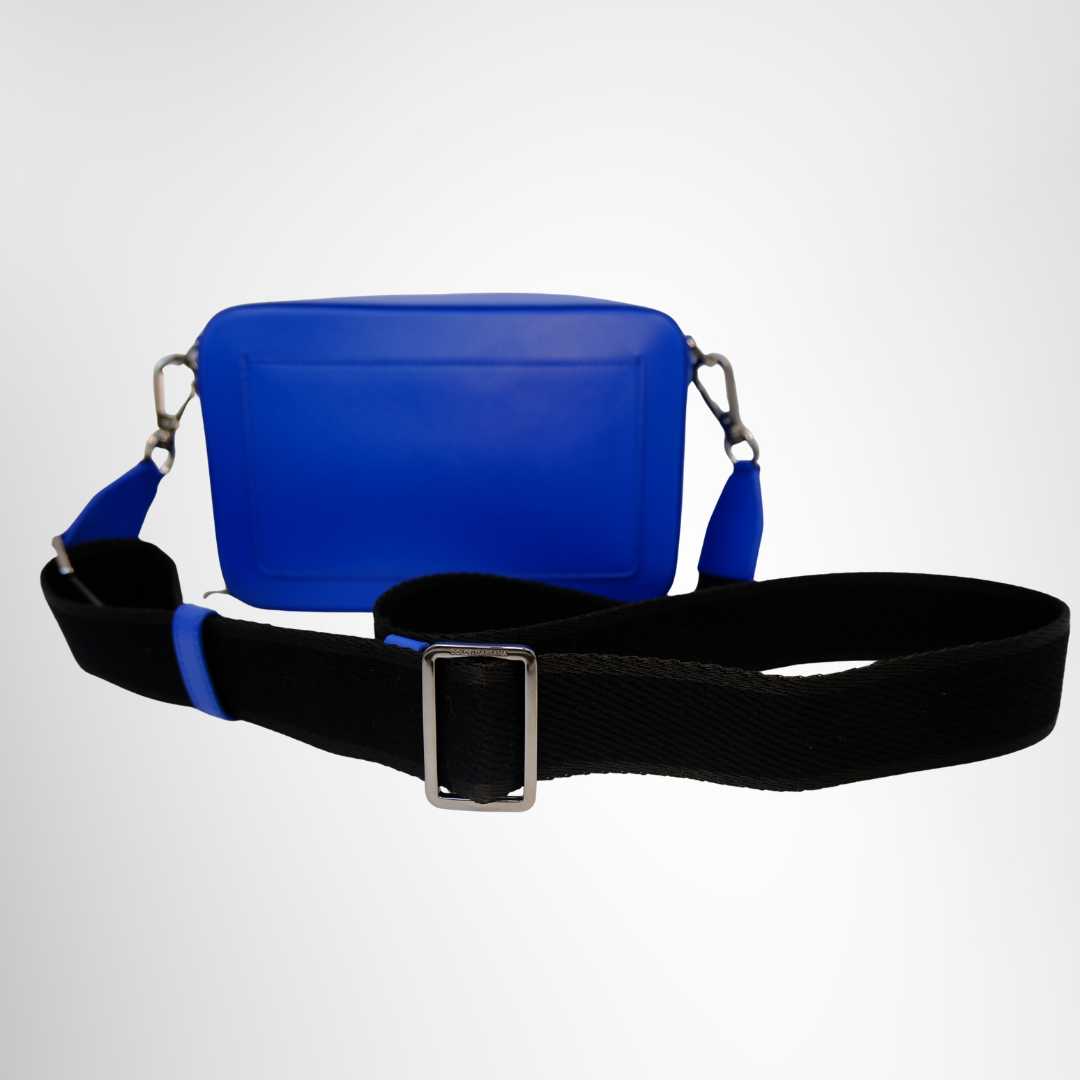 Dolce & Gabbana Preowned Luxury Logo Blue Leather Shoulder Bag Bottom Back View with Strap - Antonio & Co.