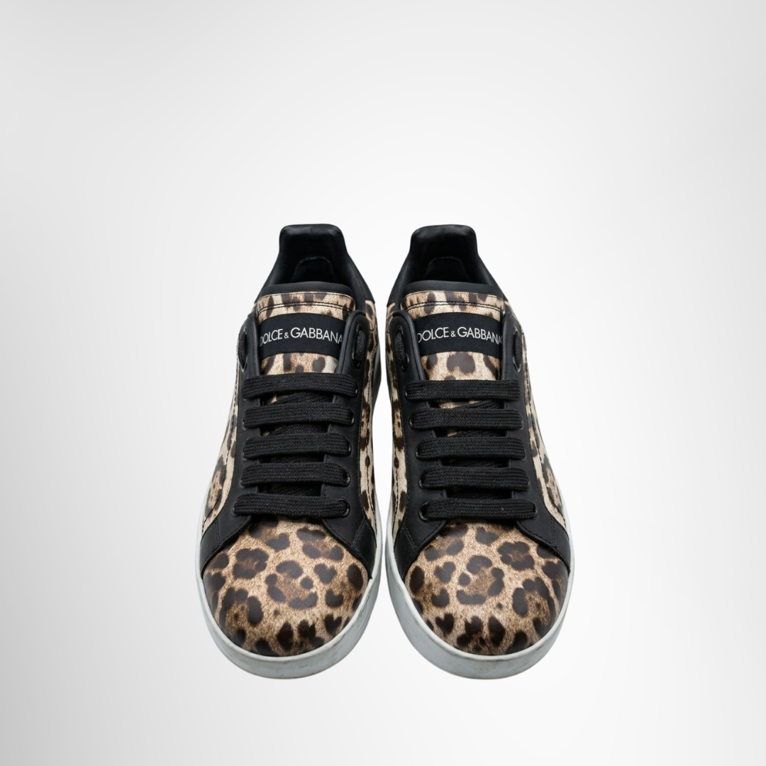 Dolce&Gabbana Preowned Luxury Shoes Portofino Leopard-Print Calfskin Sneakers Front View