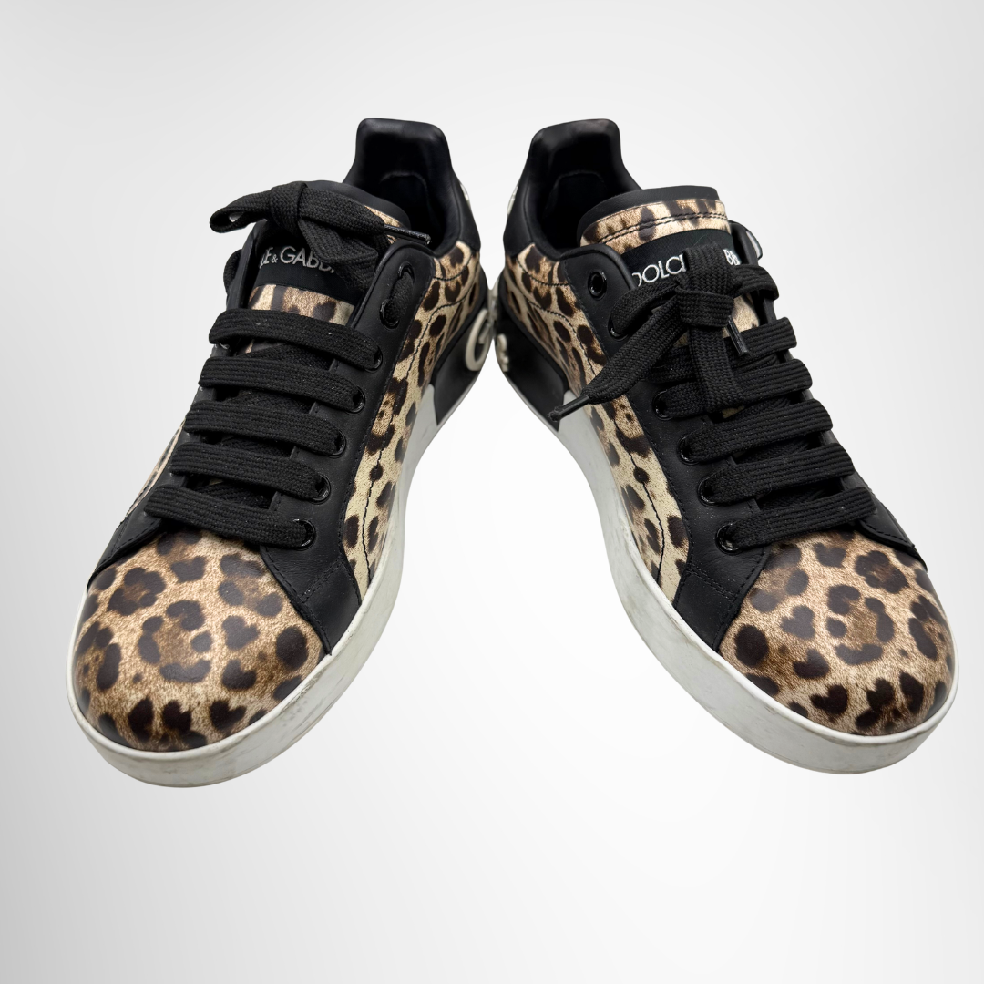 Dolce&Gabbana Preowned Luxury Shoes Portofino Leopard-Print Calfskin Sneakers Front View 2