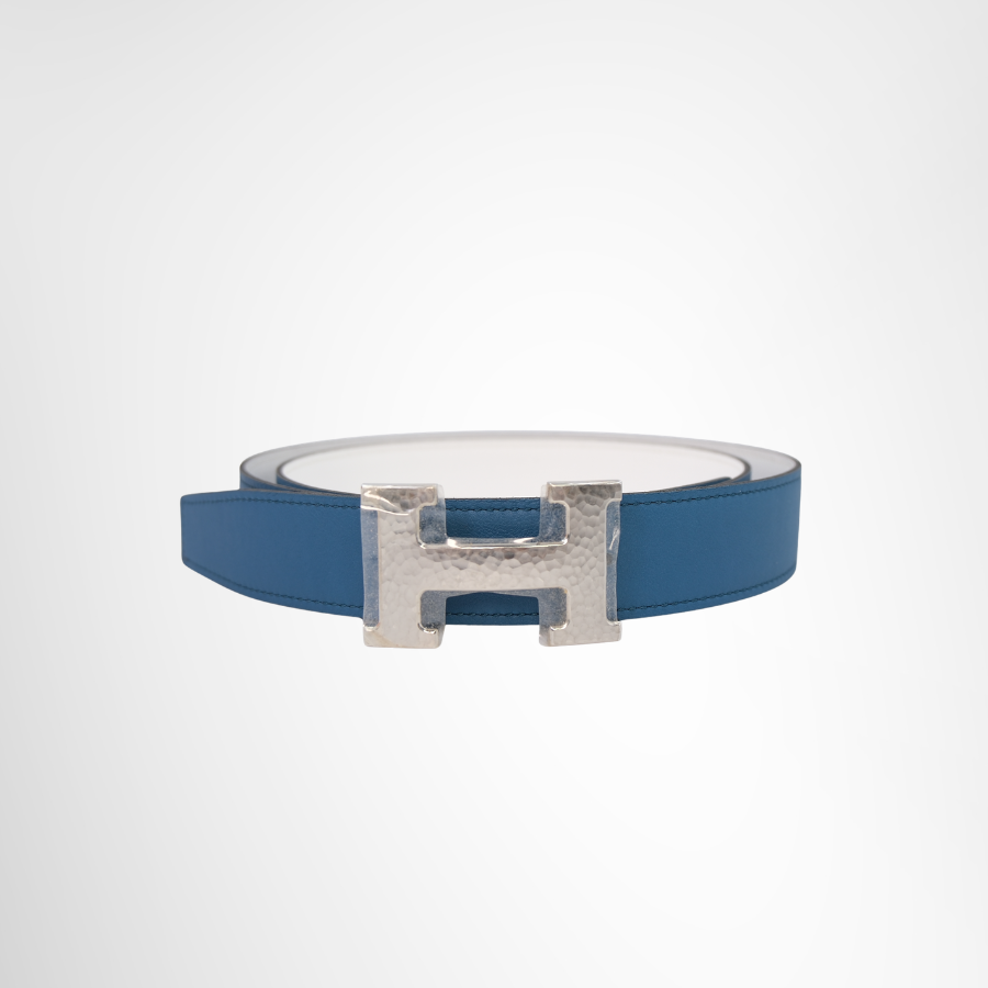 H Hammered Silver Buckle Belt Bleu Jean Leather Strap