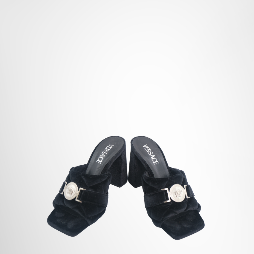 Medusa Head Medallion in Quilted Velvet Black Slide Sandals