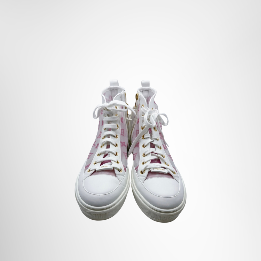 Stellar High Top Sneakers in White and Pink Monogram Mesh