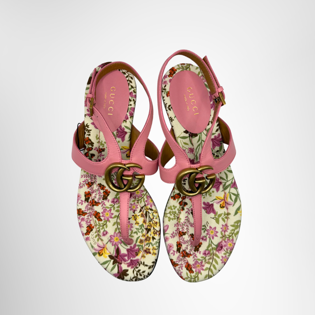 Double G Floral Print Leather Thong Sandal