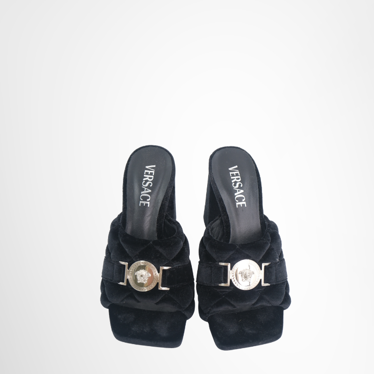 Medusa Head Medallion in Quilted Velvet Black Slide Sandals