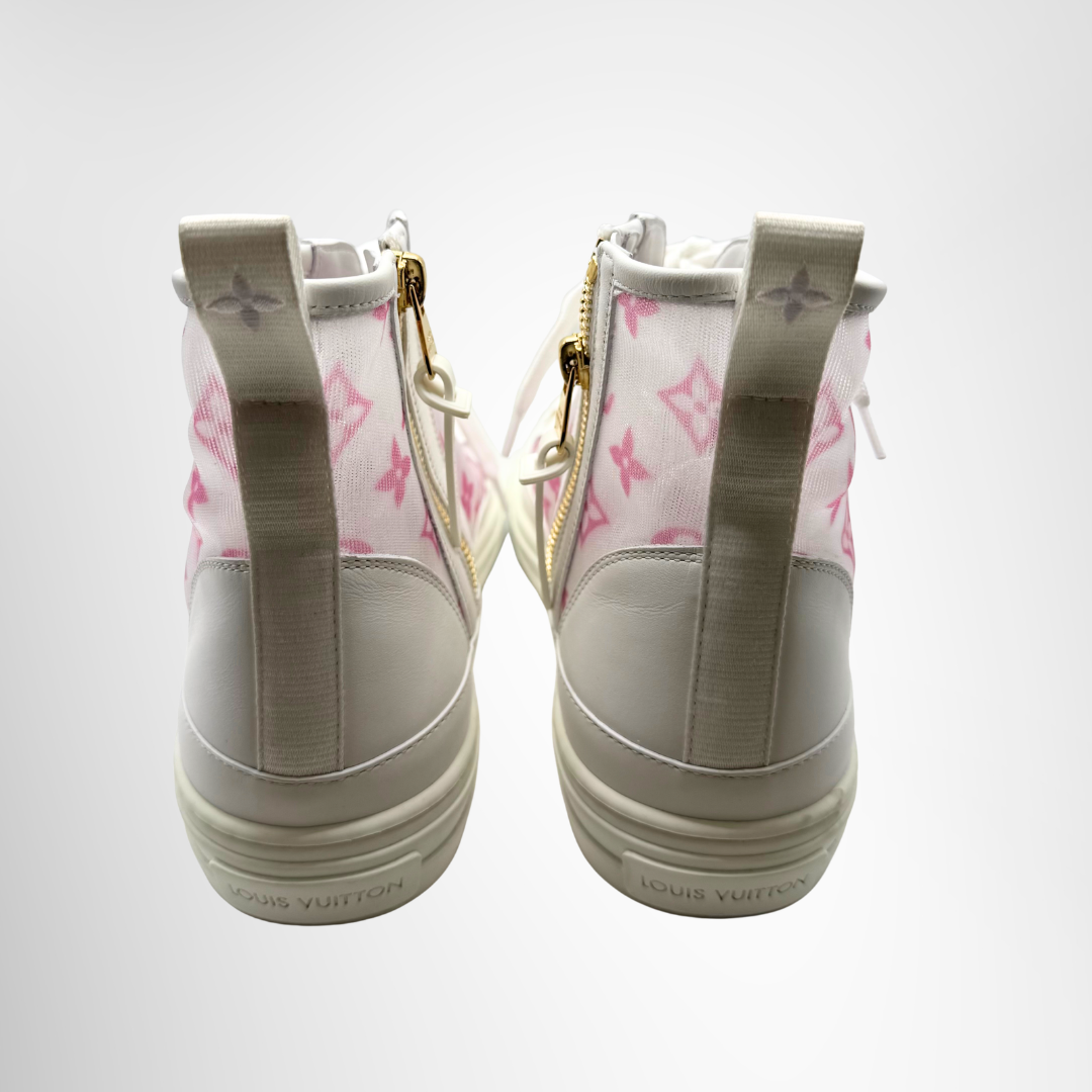 Stellar High Top Sneakers in White and Pink Monogram Mesh