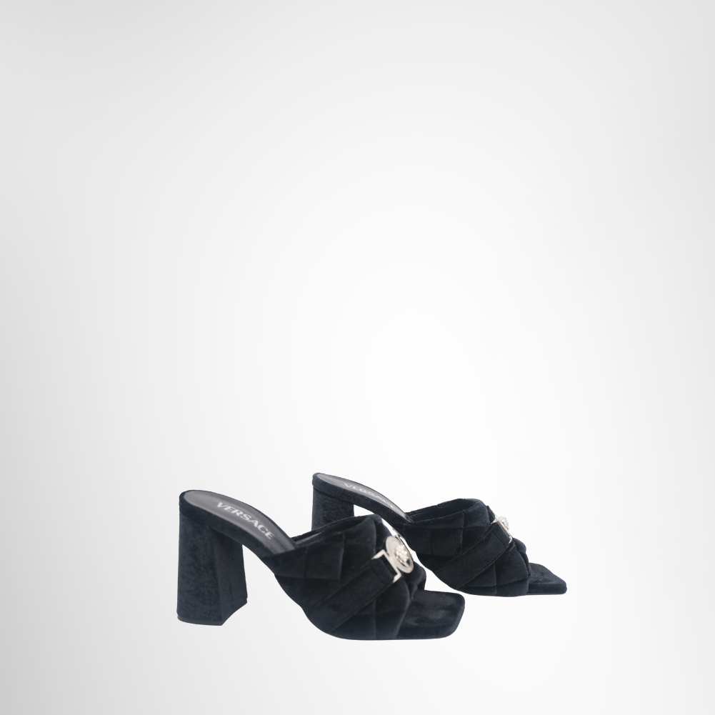 Medusa Head Medallion in Quilted Velvet Black Slide Sandals