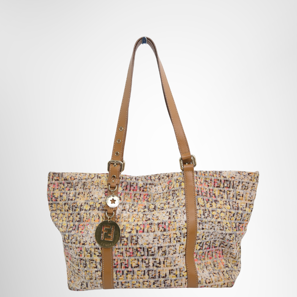 Fendi Preowned Luxury Bag Colorful Floral Print Canvas Zucchino Tote Bag Front View