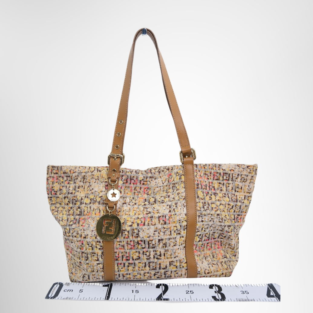 Fendi Preowned Luxury Bag Colorful Floral Print Canvas Zucchino Tote Bag Front View