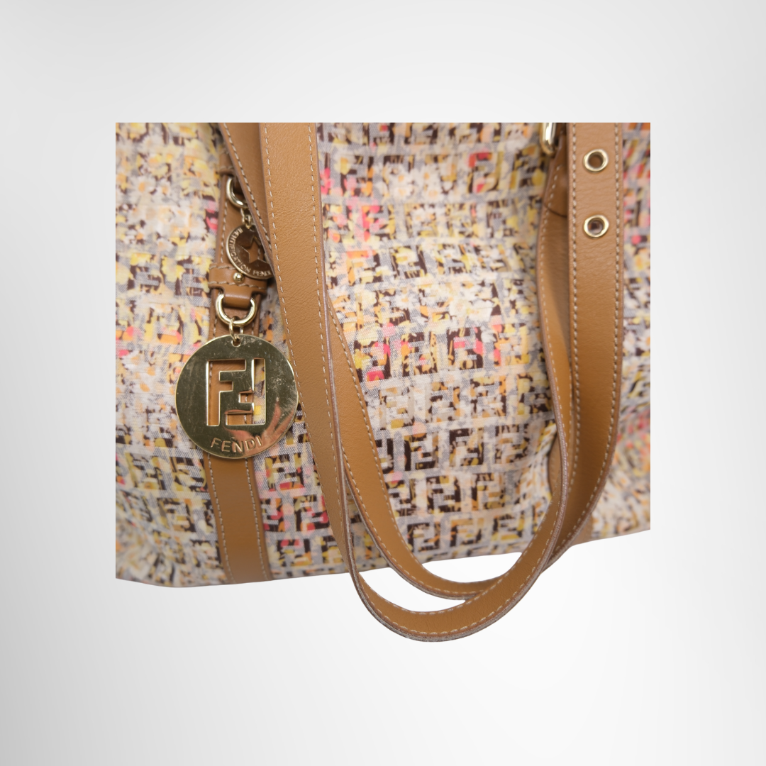 Fendi Preowned Luxury Bag Colorful Floral Print Canvas Zucchino Tote Bag Handle View