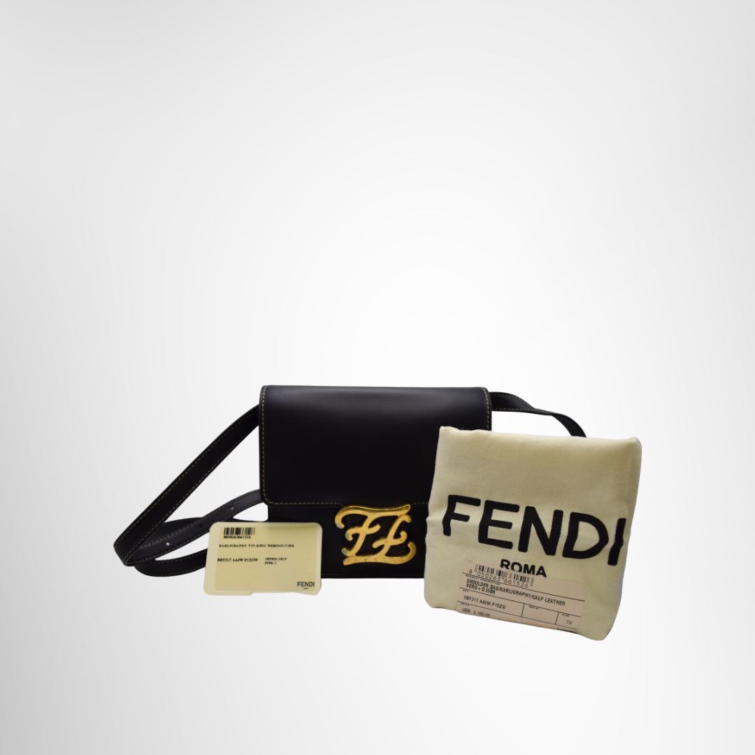 Fendi Preowned Luxury Karligraphy Double F Logo Buckle Flap Bag Front View with Dustbag - Antonio & Co.