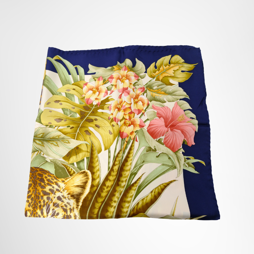 Ferragamo Preowned Luxury Leopard Exotic Foliage Scarf Design Scarf Folded View - Antonio & Co.