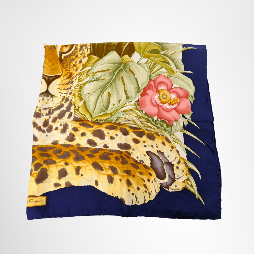 Ferragamo Preowned Luxury Leopard Exotic Foliage Scarf Design Scarf Folded View2 - Antonio & Co.