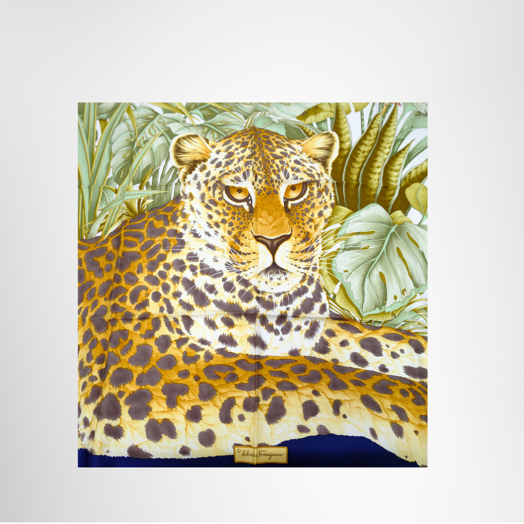 Ferragamo Preowned Luxury Leopard Exotic Foliage Scarf Design Scarf Front View - Antonio & Co.