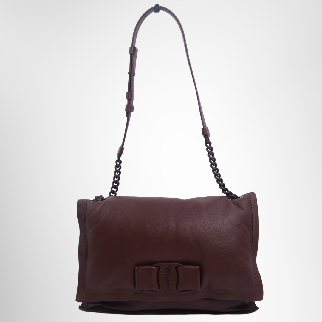 Ferragamo Preowned Luxury Viva Bow Shoulder Bag in Maroon Front Page - Antonio & Co.