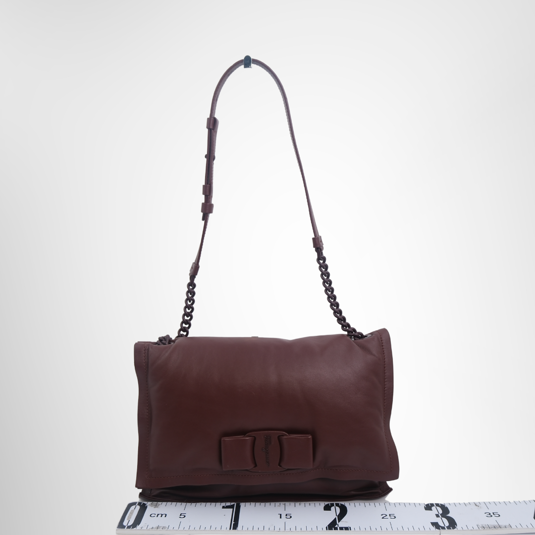 Ferragamo Preowned Luxury Viva Bow Shoulder Bag in Maroon Front View - Antonio & Co.