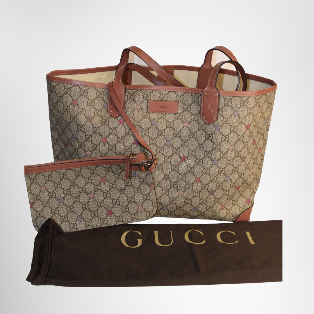 Gucci Preowned Luxury Bag GG Supreme Star Pattern Tote Bag Front View With Accessories