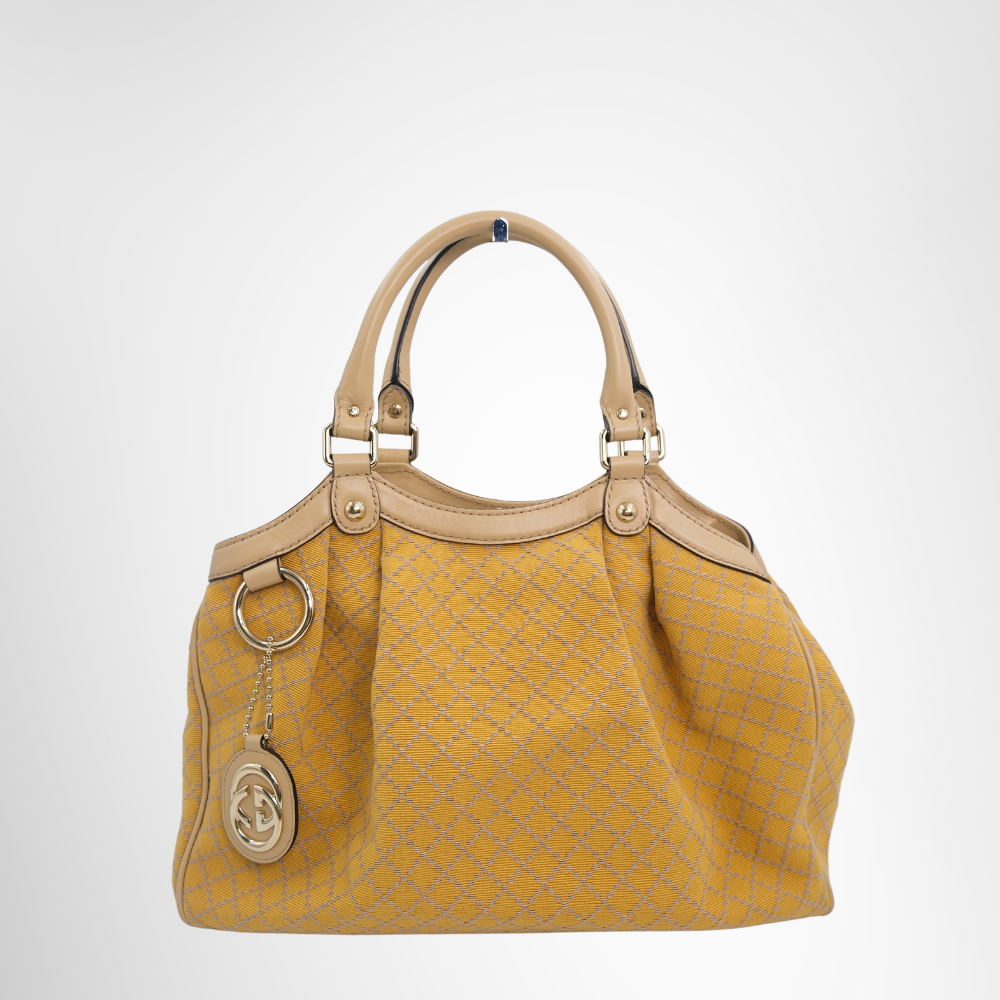 Gucci Preowned Luxury Bag Medium Sukey Tote Bag in Yellow Diamante Canvas Front View