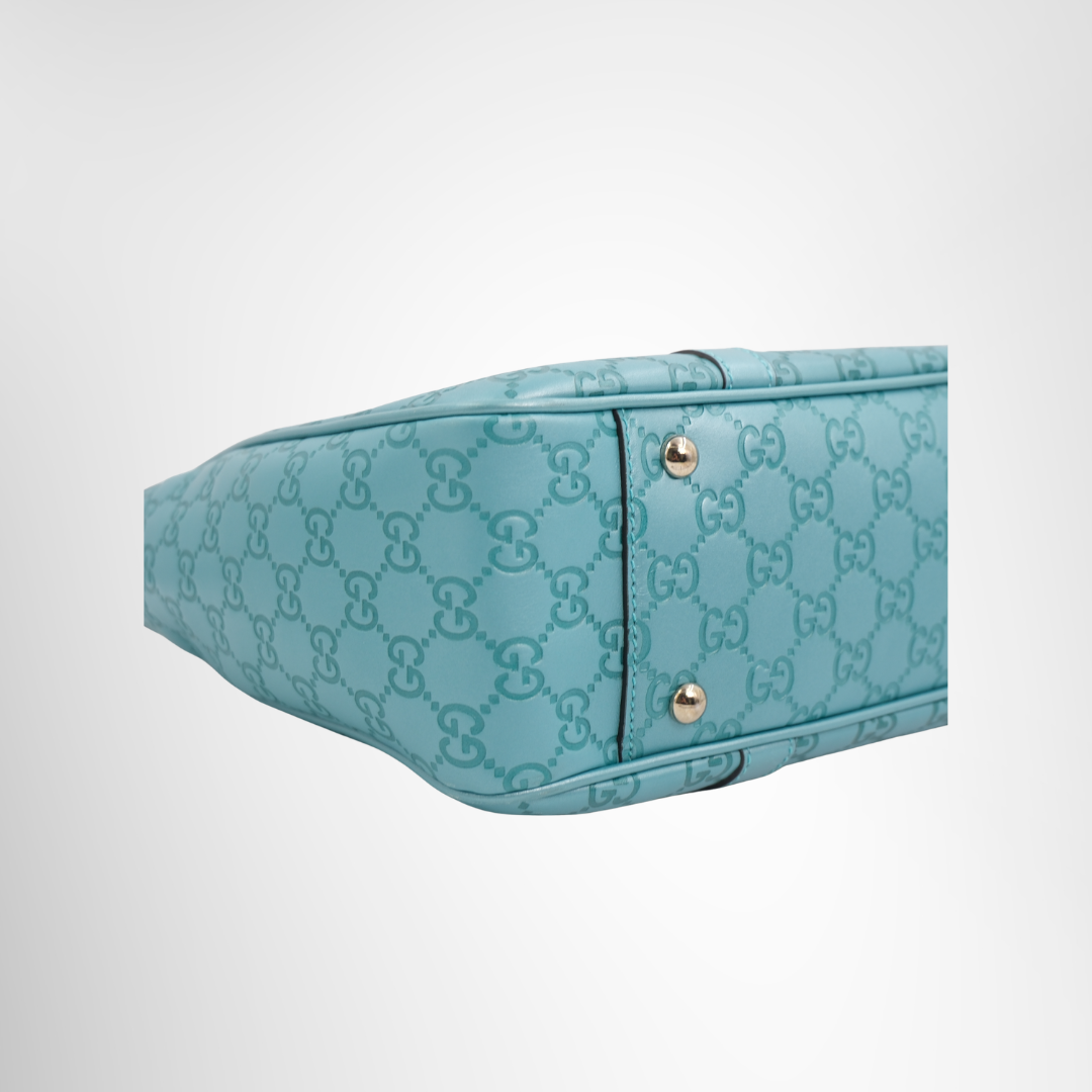 Gucci Preowned Luxury Bag Twins Tote in Turquoise Bottom Side View