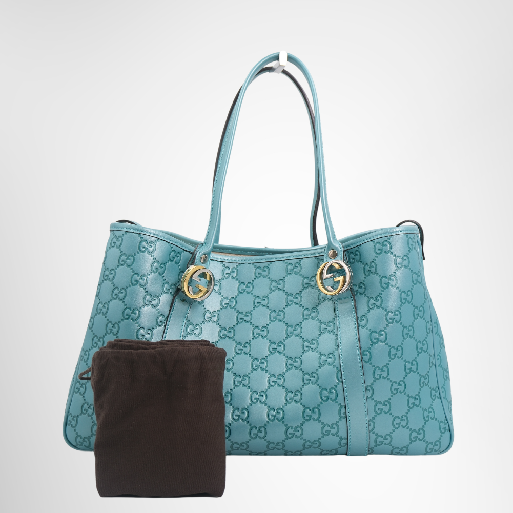 Gucci Preowned Luxury Bag Twins Tote in Turquoise Front View 2