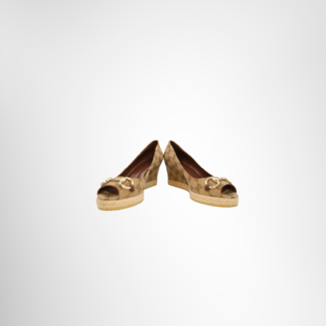 Gucci Preowned Luxury GG Canvas Wedge Espadrille Shoes Front View - Antonio & Co.