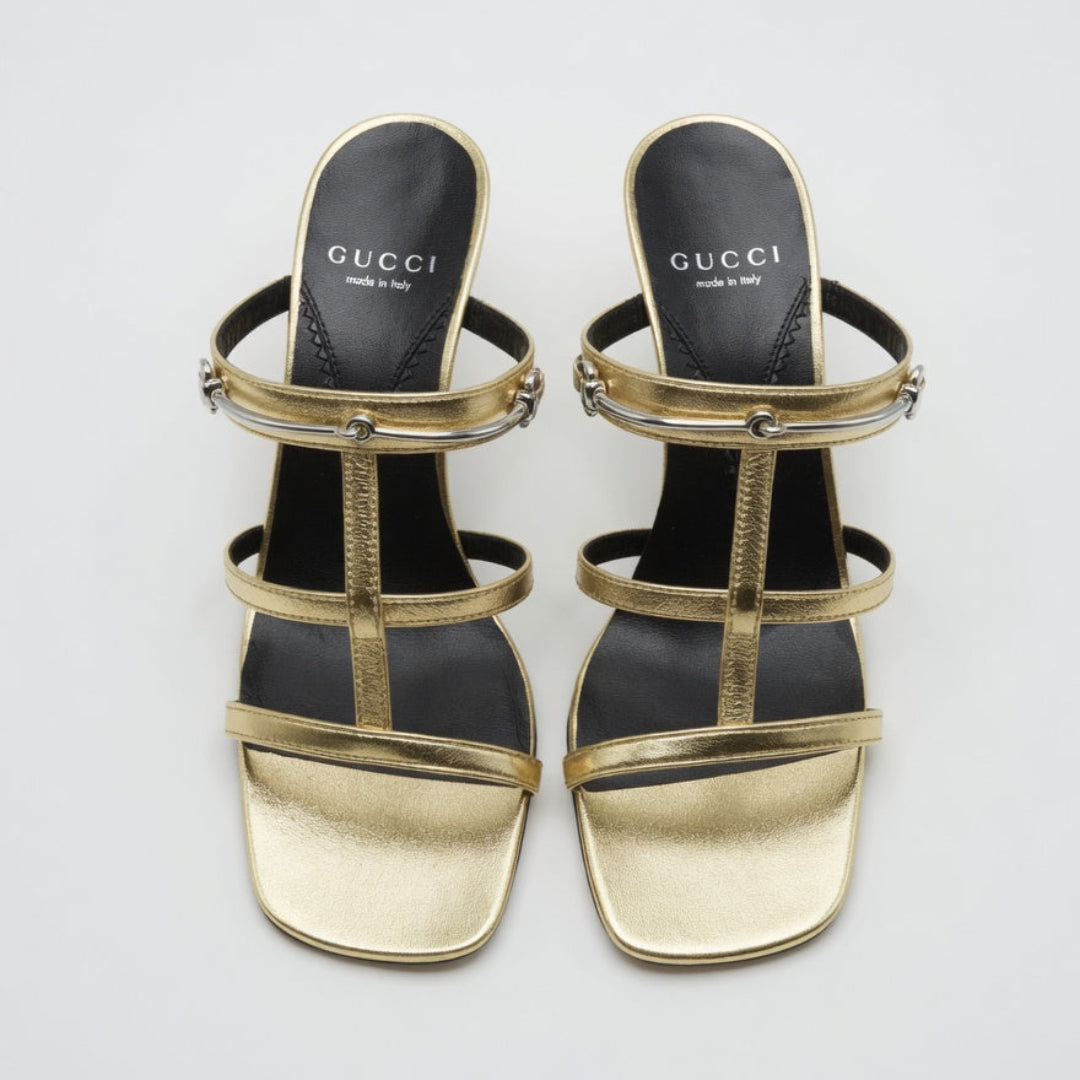 Gucci Preowned Luxury Horsebit Mettalic Sandals Shoes Front View - Antonio & Co.