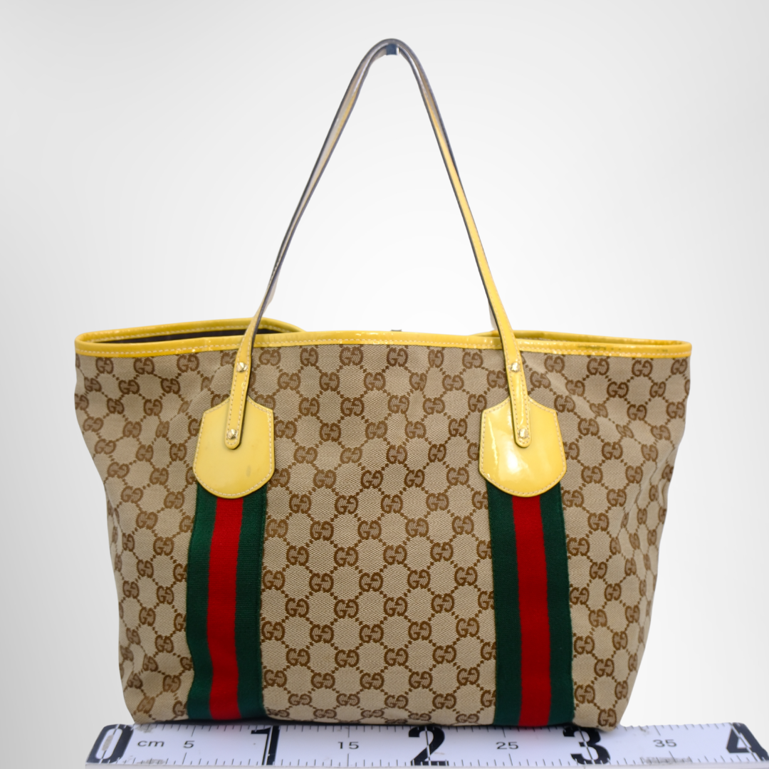 Gucci Preowned Luxury Jolie Web GG Canvas Tote Bag in Yellow Back View - Antonio & Co.