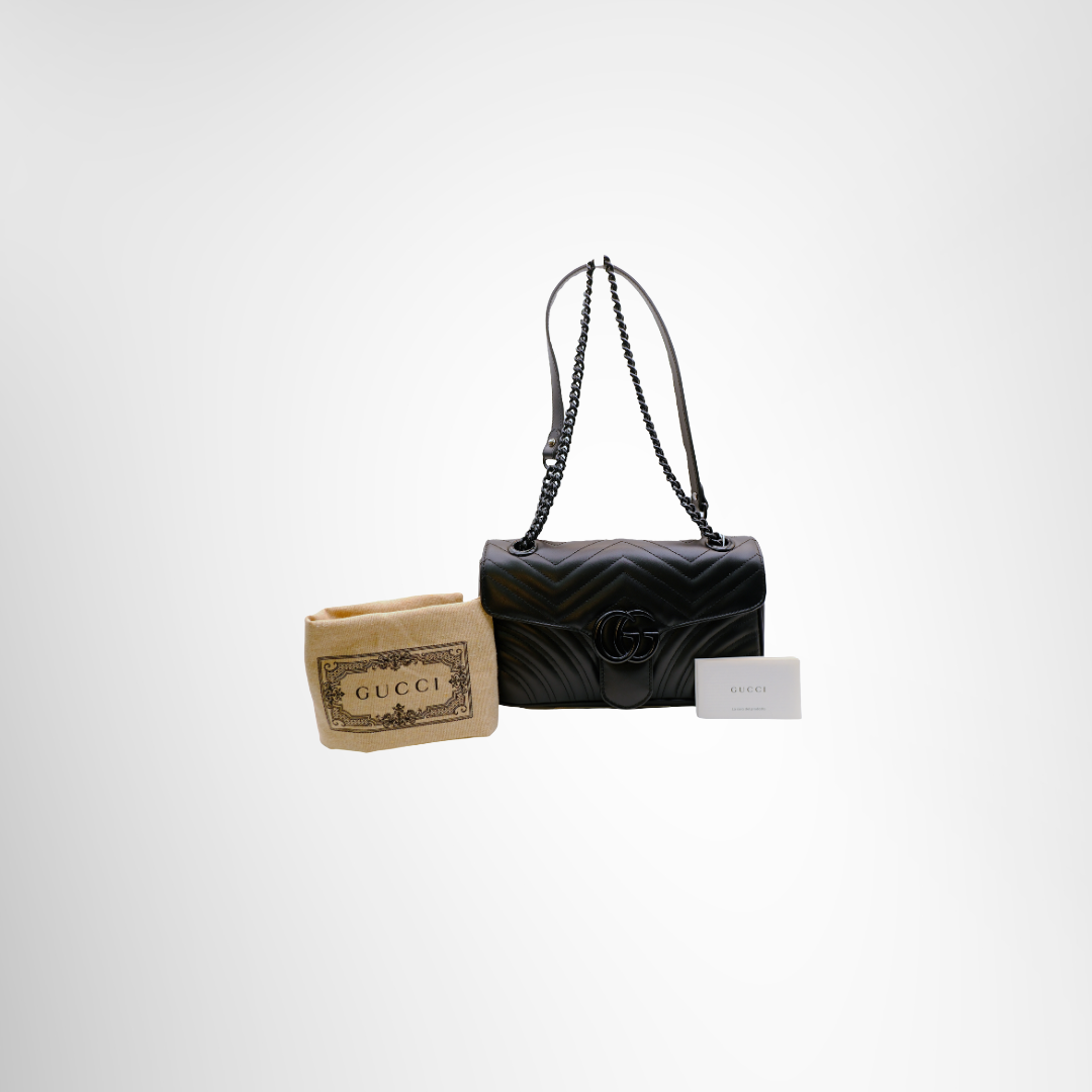 Gucci Preowned Luxury Marmont Bag Front View with Dustbag and Card - Antonio & Co.