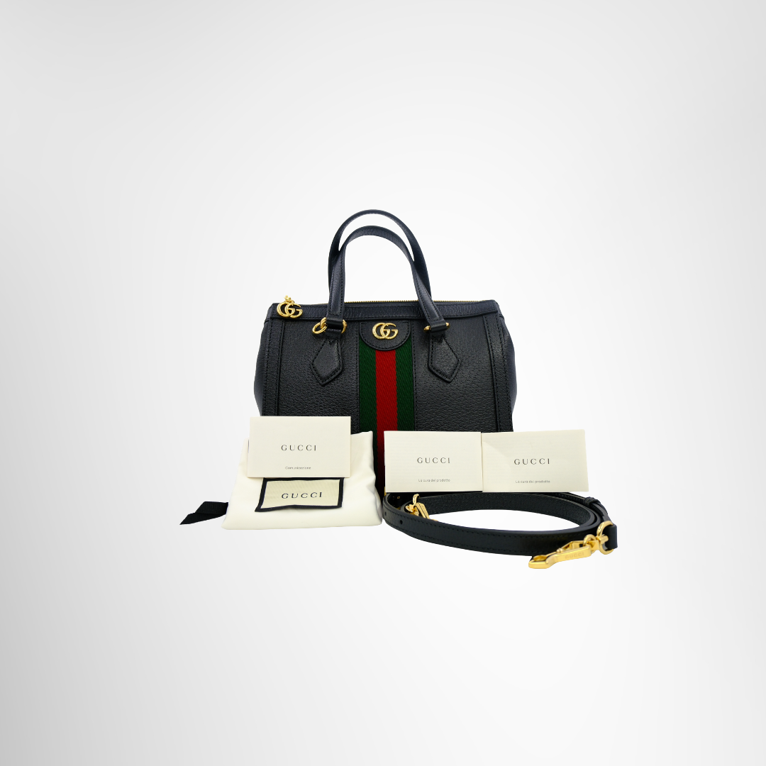 Gucci Preowned Luxury Ophidia Small Top Handle Bag Front View with Dustbag, Strap and Card - Antonio & Co.