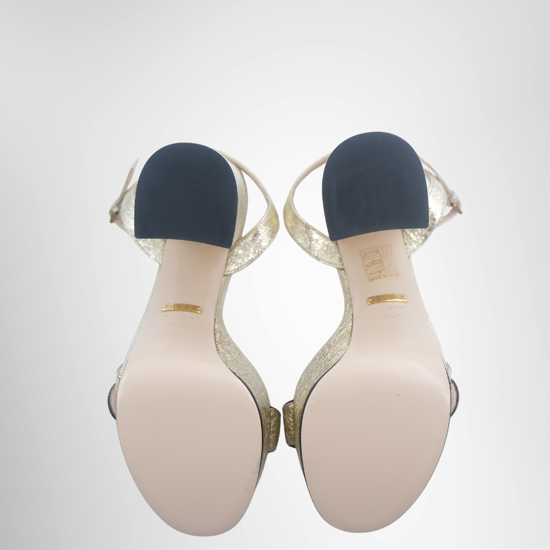 Gucci Preowned Luxury Sandals GG Gold Leather Marmont Platform Bottom View