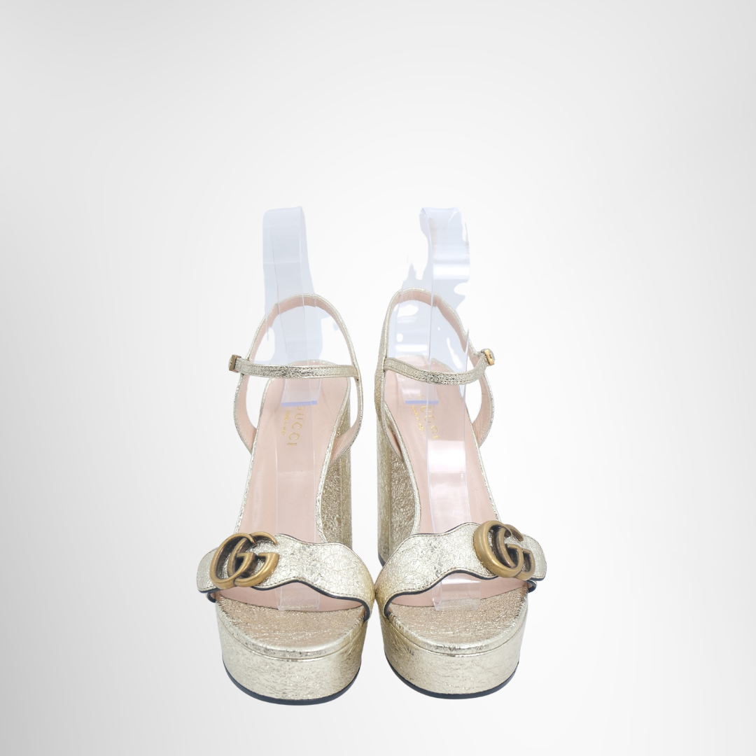 Gucci Preowned Luxury Sandals GG Gold Leather Marmont Platform Front View
