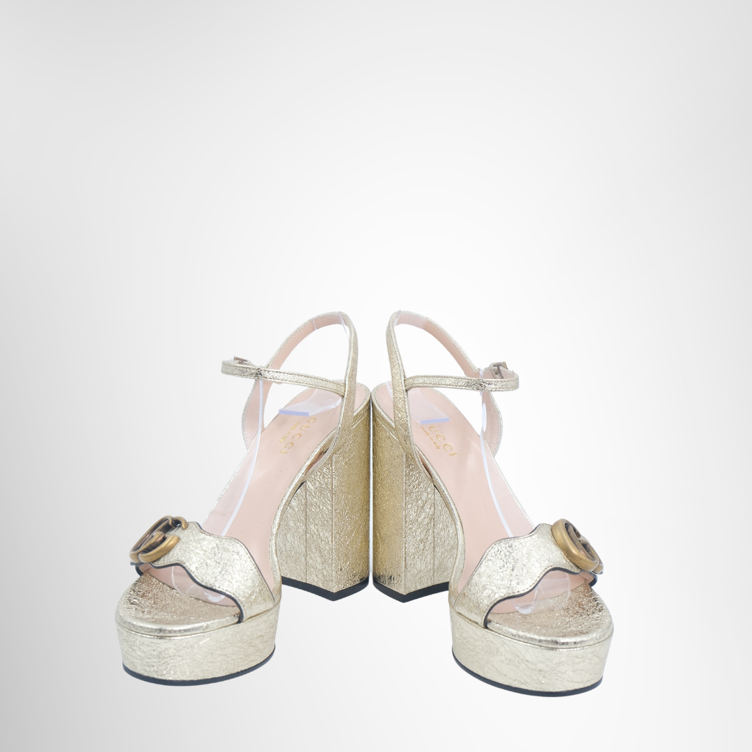 Gucci Preowned Luxury Sandals GG Gold Leather Marmont Platform Front View 2