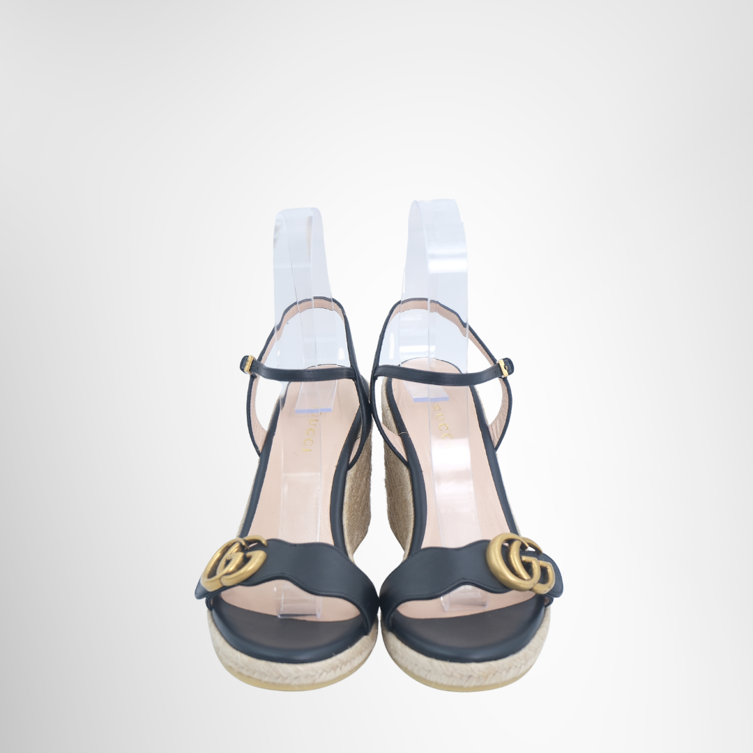 Gucci Preowned Luxury Sandals GG Leather Wedge Espadrille Front View