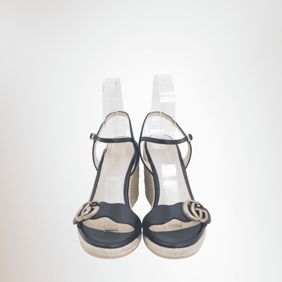 Gucci Preowned Luxury Sandals GG Leather Wedge Espadrille Front View