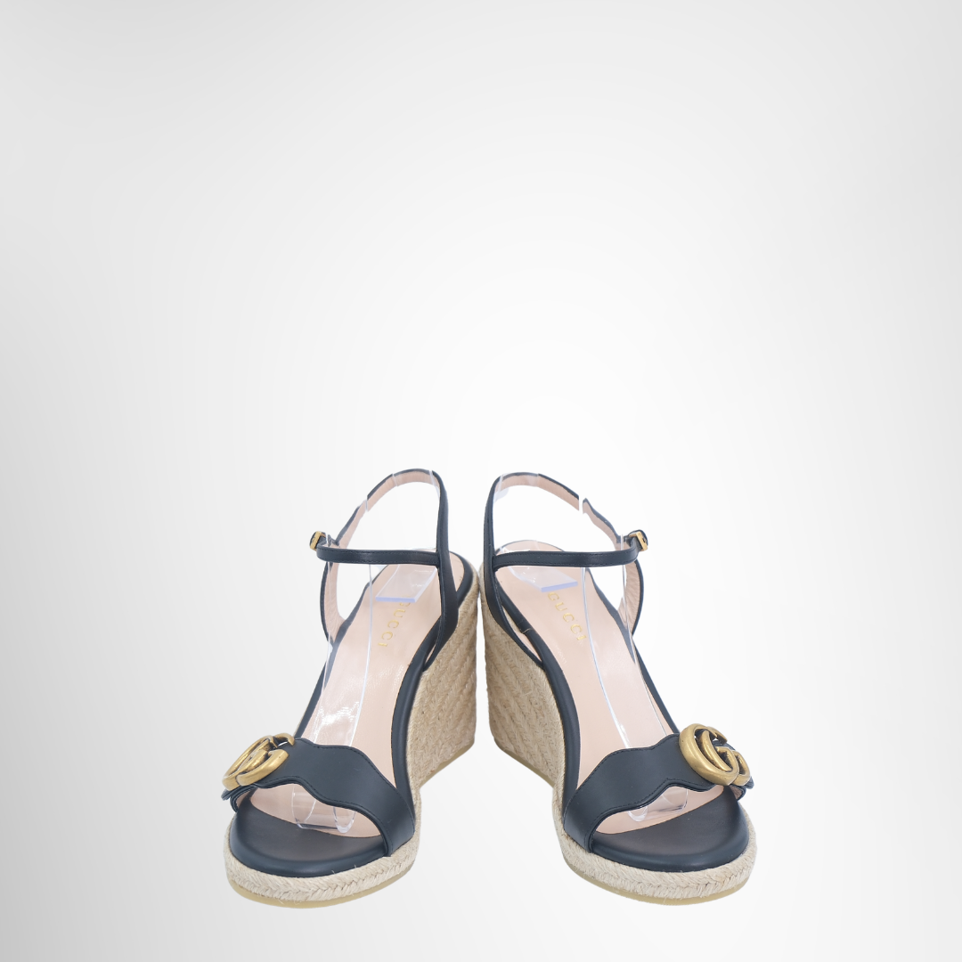 Gucci Preowned Luxury Sandals GG Leather Wedge Espadrille Front View 2