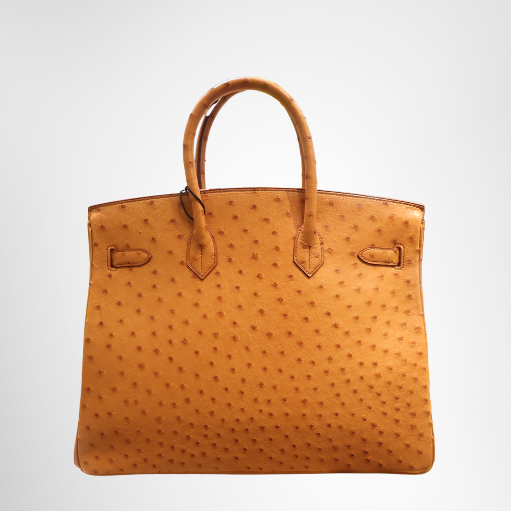 Hermes Preowned Luxury Birkin 35 in Cognac Ostrich Leather Bag Front View - Antonio & Co.