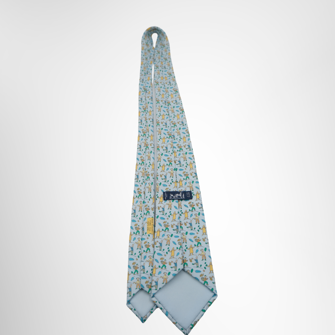 Hermes Preowned Luxury Necktie Light Blue Multicolor Back View With Brand Tag