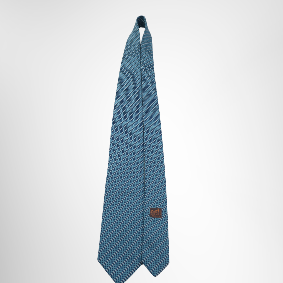 Hermes Preowned Luxury Necktie Light Blue & Navy Front View With Brand Tag