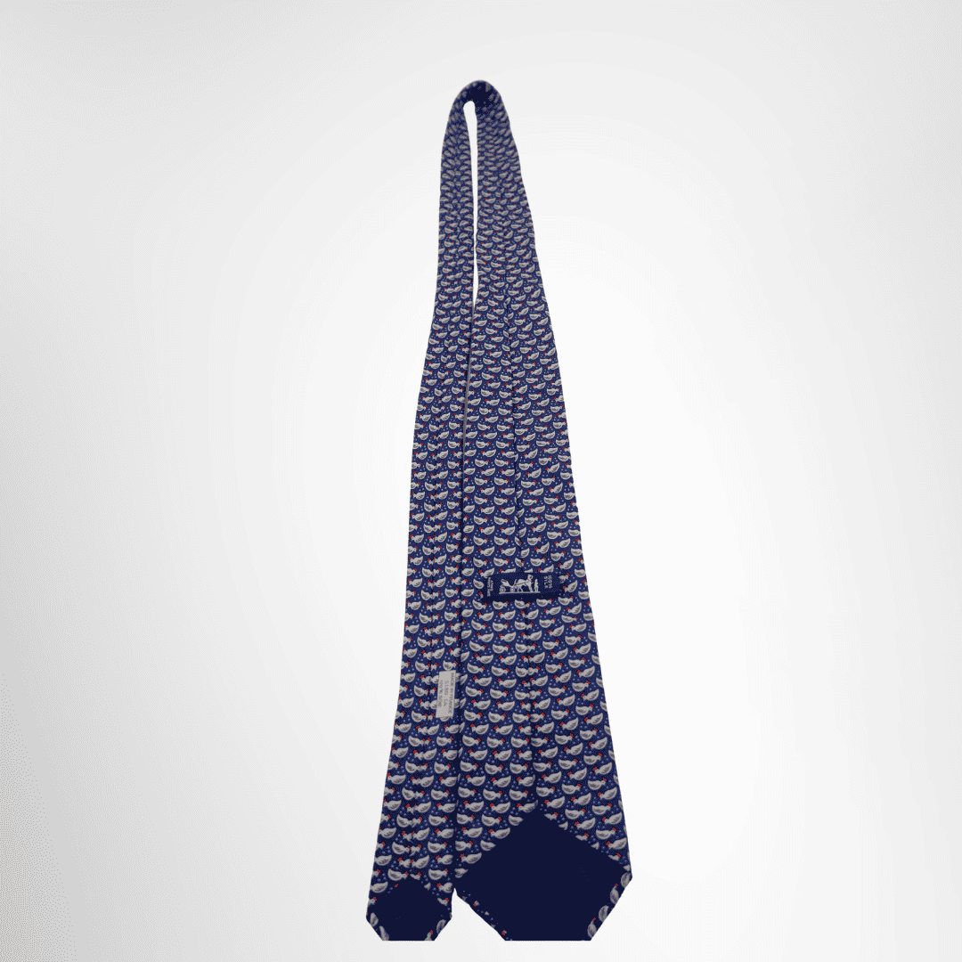 Hermes Preowned Luxury Necktie Navy & White Back View With Brand Tag