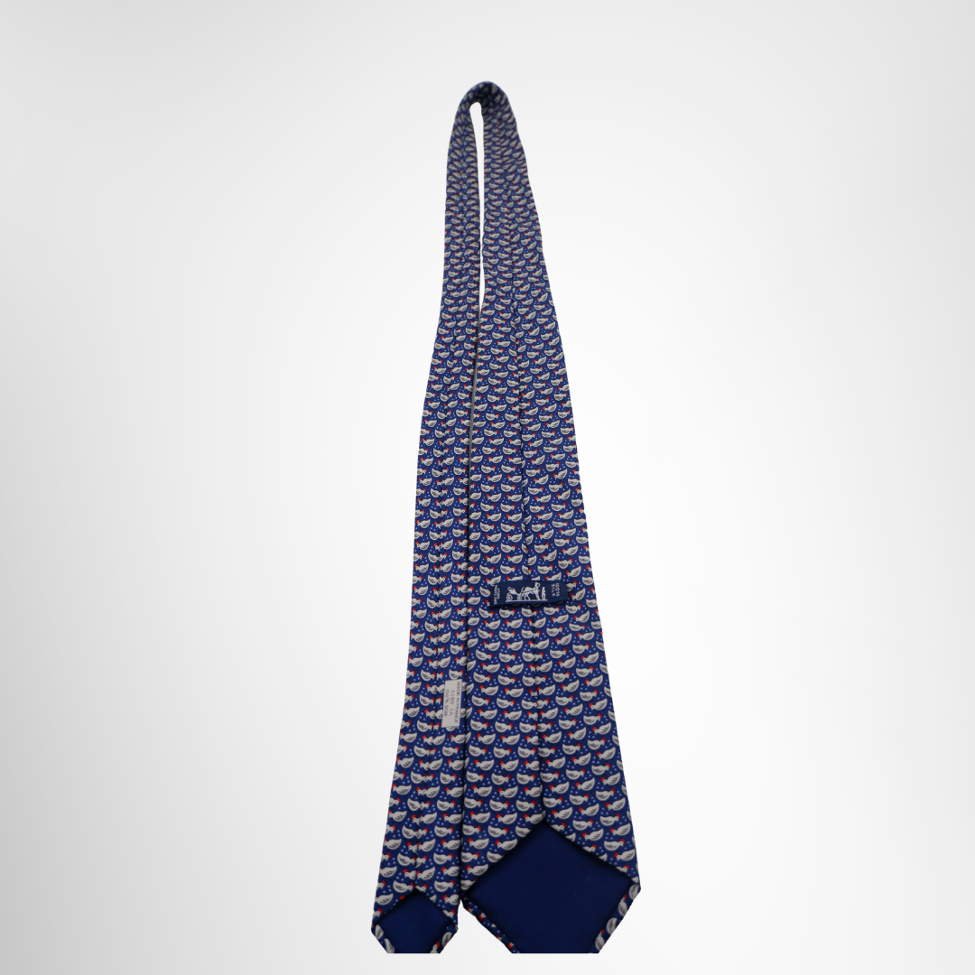 Hermes Preowned Luxury Necktie Navy & White Back View With Brand Tag