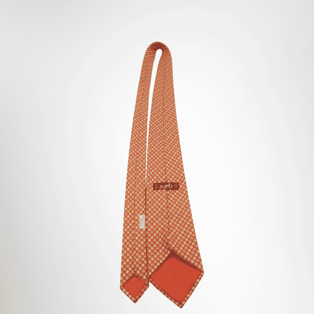 Hermes Preowned Luxury Orange Necktie Back View With Brand Tag