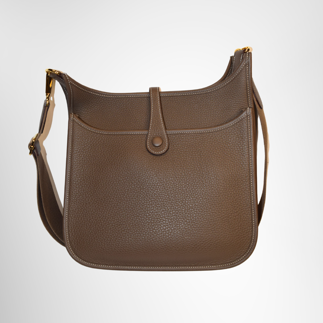 Hermes Preowned Luxury Taurillon Etoupe Evelyn III PM Bag Back View - Antonio & Co.