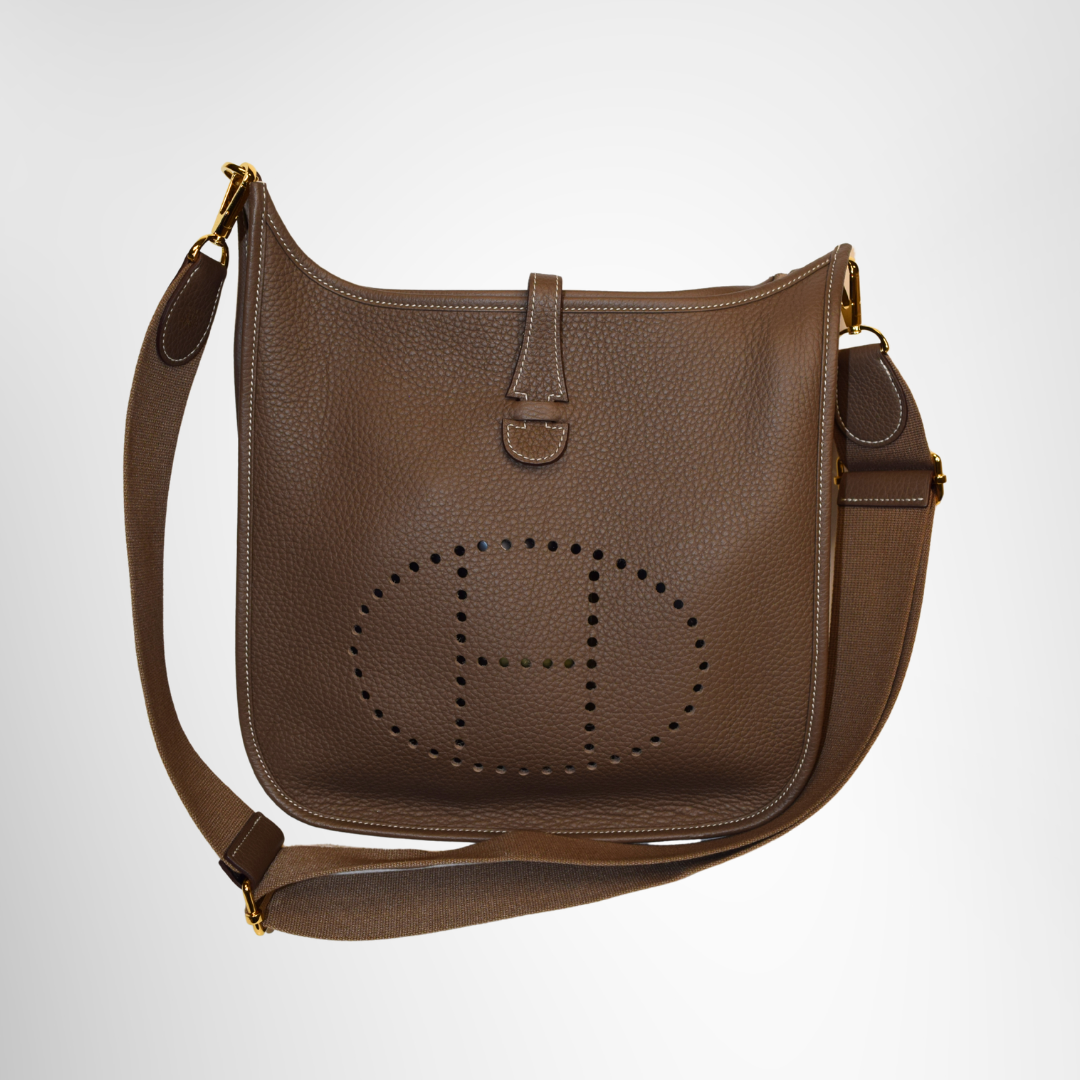 Hermes Preowned Luxury Taurillon Etoupe Evelyn III PM Bag Front View - Antonio & Co.
