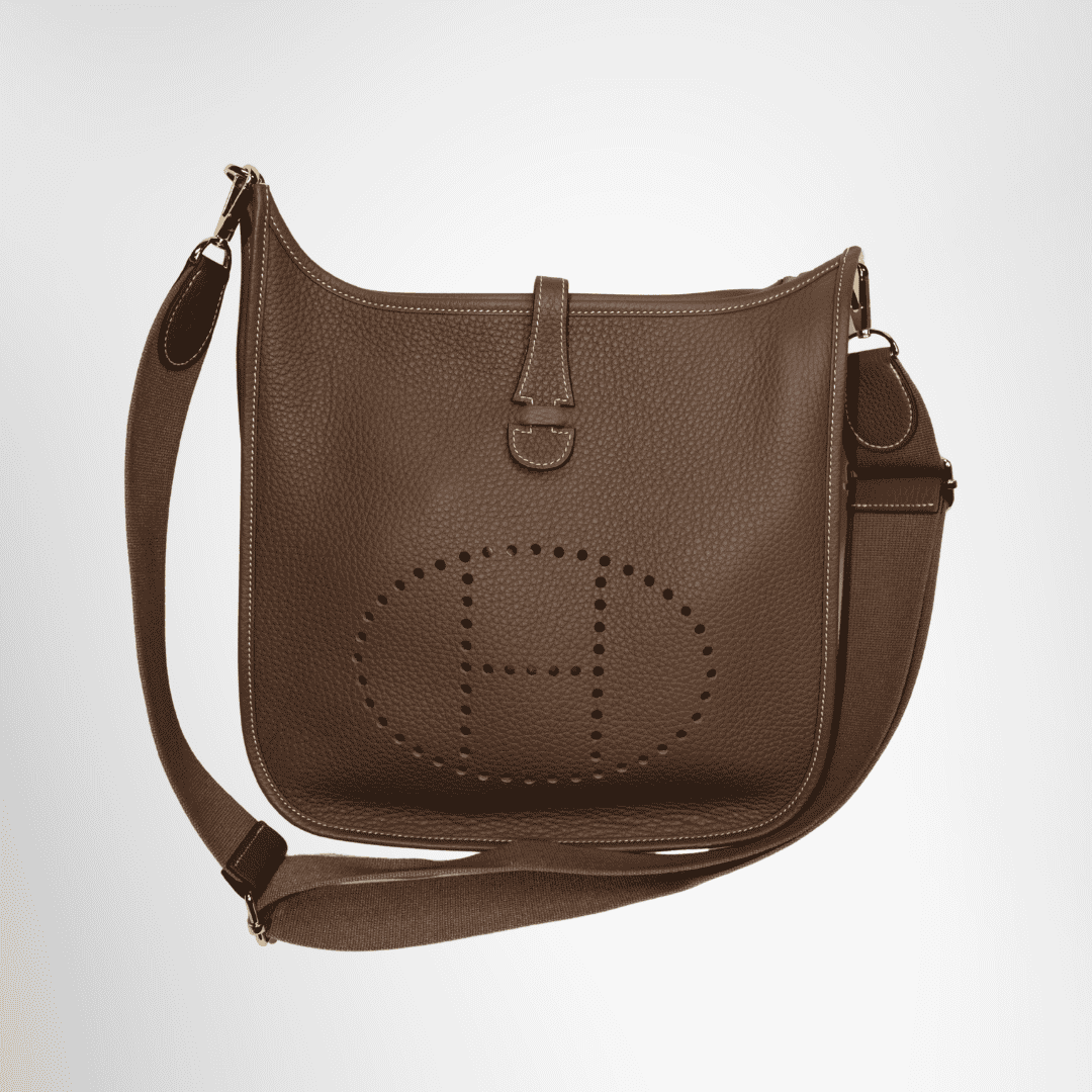 Hermes Preowned Luxury Taurillon Etoupe Evelyn III PM Bag Front View - Antonio & Co.