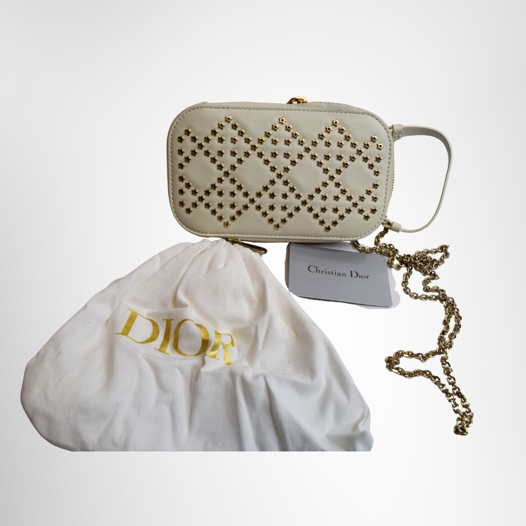 Lady Dior Phone Holder with Star Motifs Front View with Dustbag - Antonio & Co.
