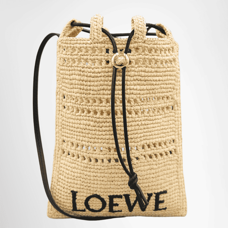 Loewe Raffia Drawstring Pocket Bag – Natural / Black