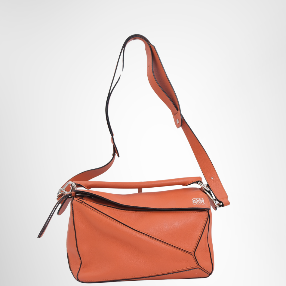 Loewe Preowned Luxury Bag Puzzle Bag in Vibrant Orange Front View