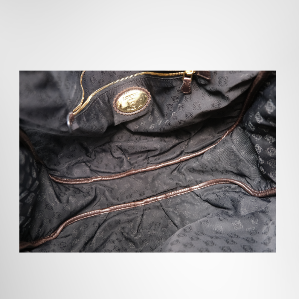 Loewe Preowned Luxury Bag Viento Hobo Bag in Dark Brown Leather Interior View