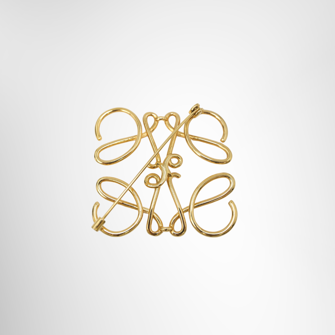 Loewe Preowned Luxury Gold Toned Brass Anagram Brooch Accessories Back View - Antonio & Co.
